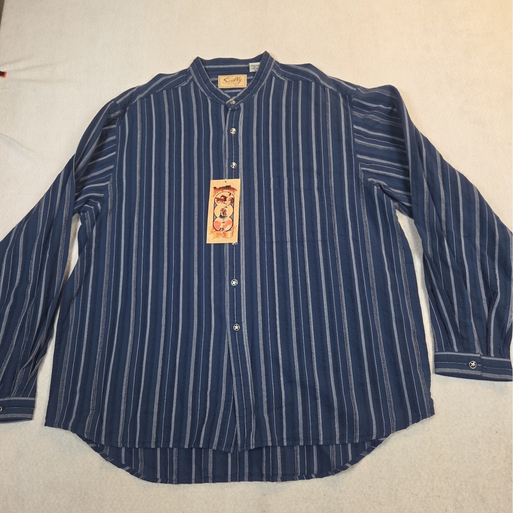 Scully Shirt Mens XL Navy Blue Striped Banded Collar Cotton Star Button NWT